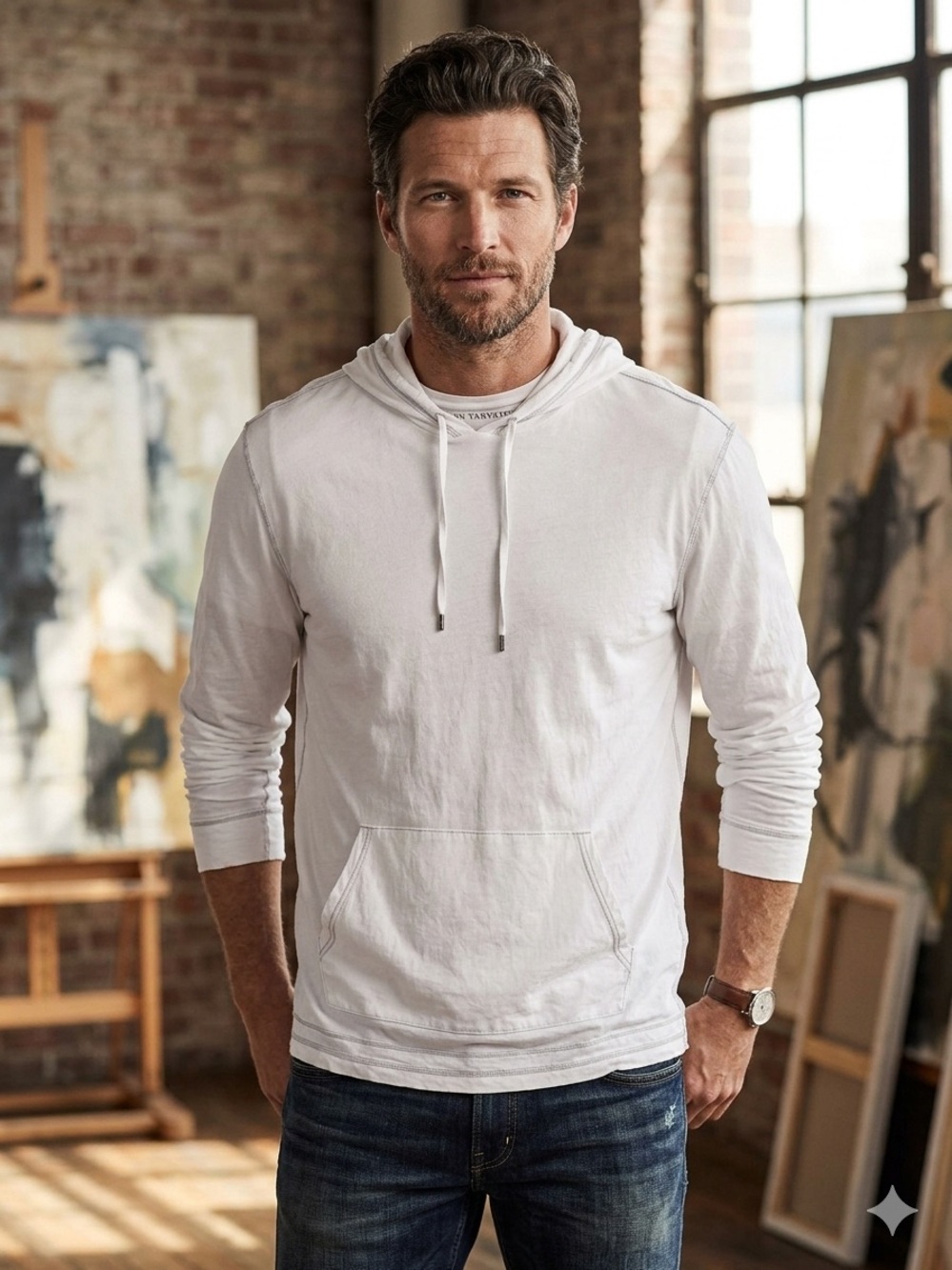 John Varvatos White Hooded Long-Sleeve Shirt Size XL